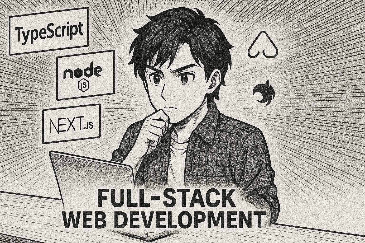 Manga style boy with laptop and TypeScript