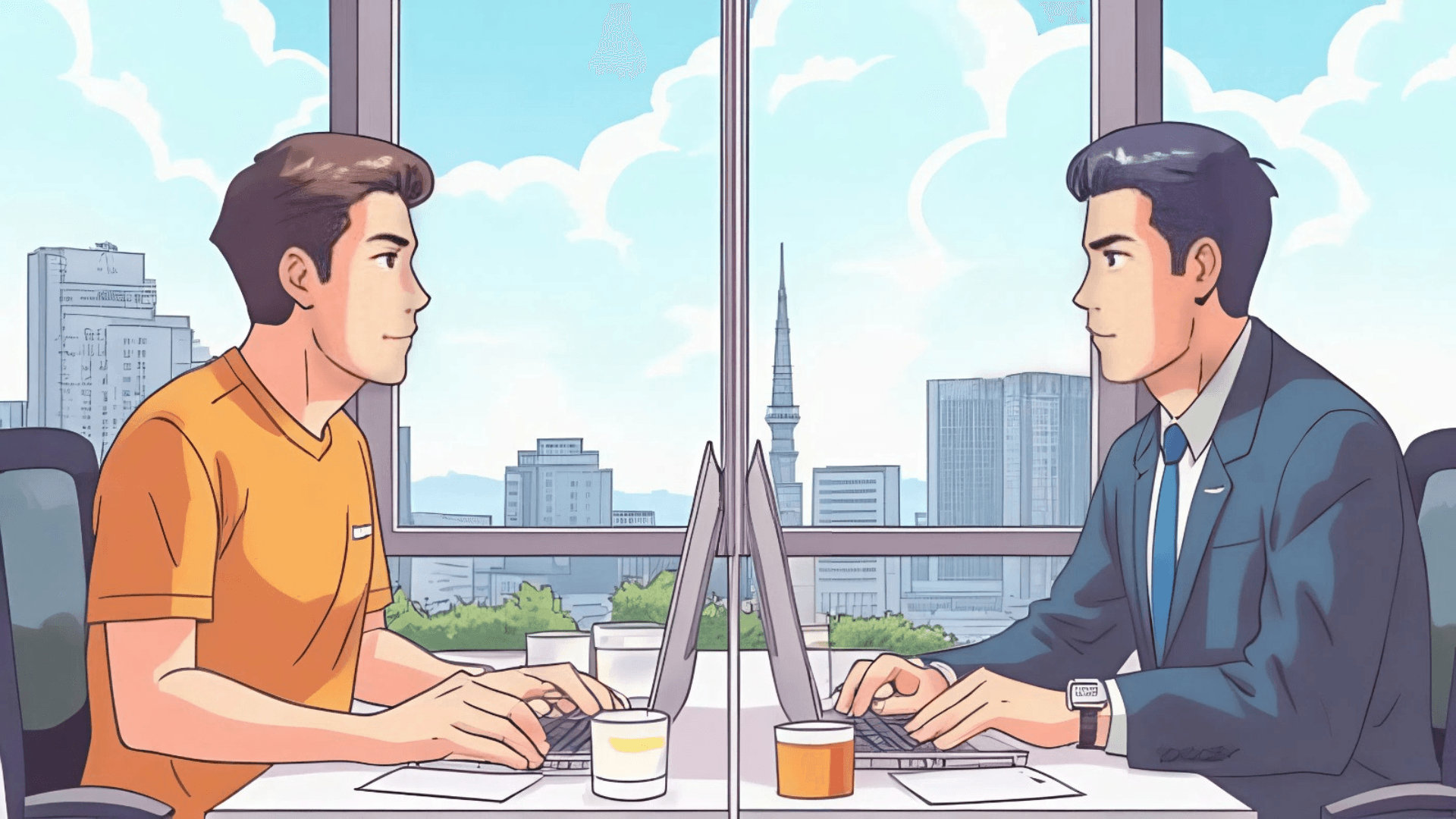 Professional HR illustration comparing IT talent attraction in Germany vs Japan, split-screen. Left: Germany – relaxed European tech office, developers in casual clothes (t-shirts, hoodies, sneakers), collaborative startup atmosphere, laptops and coffee. Right: Japan – formal corporate office, engineers in elegant business suits and ties, disciplined posture, structured environment, subtle Tokyo skyline. Clean corporate illustration style, natural realistic faces, symmetrical facial features, modern consulting infographic aesthetic, high quality, 16:9.