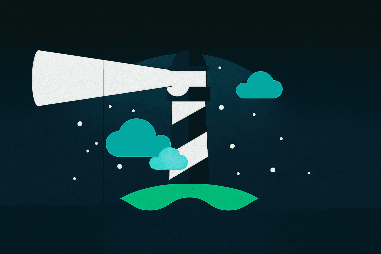 Stylized illustration of a striped lighthouse on a hill at night, with a bright beam of light.