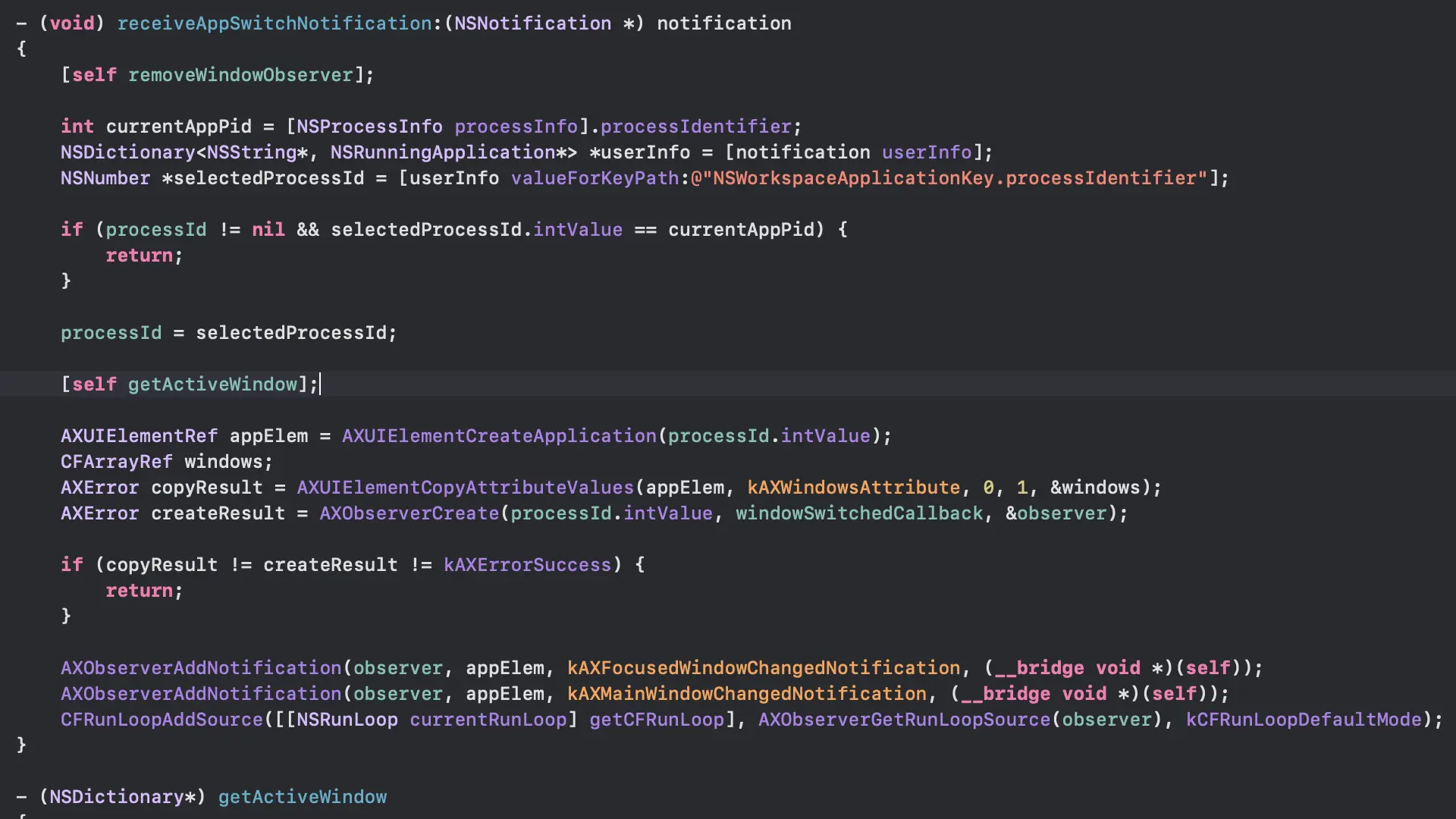 VS CodeエディタでのObjective-Cコード。