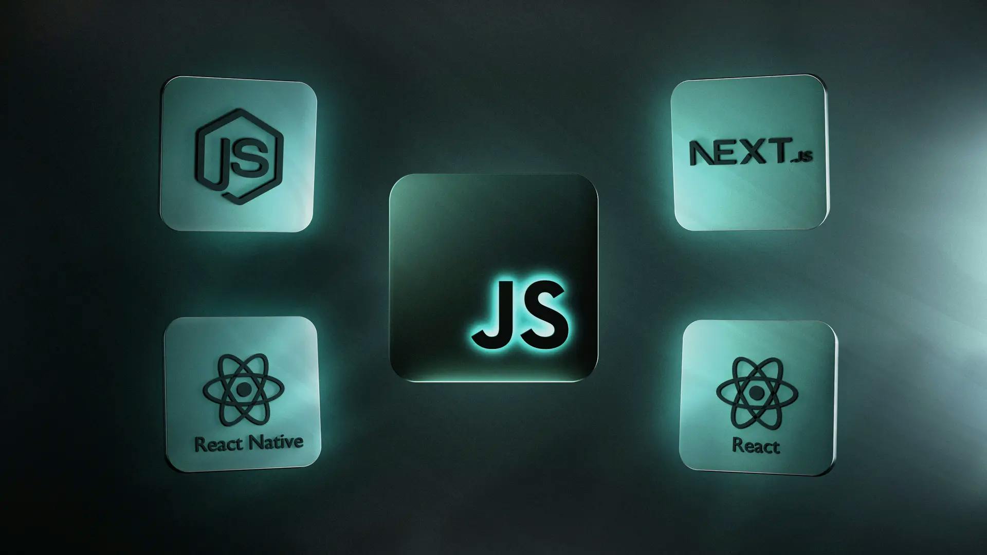 Javascript technologies depicted together, like React, React Native, NodeJS, Electron, NextJS.